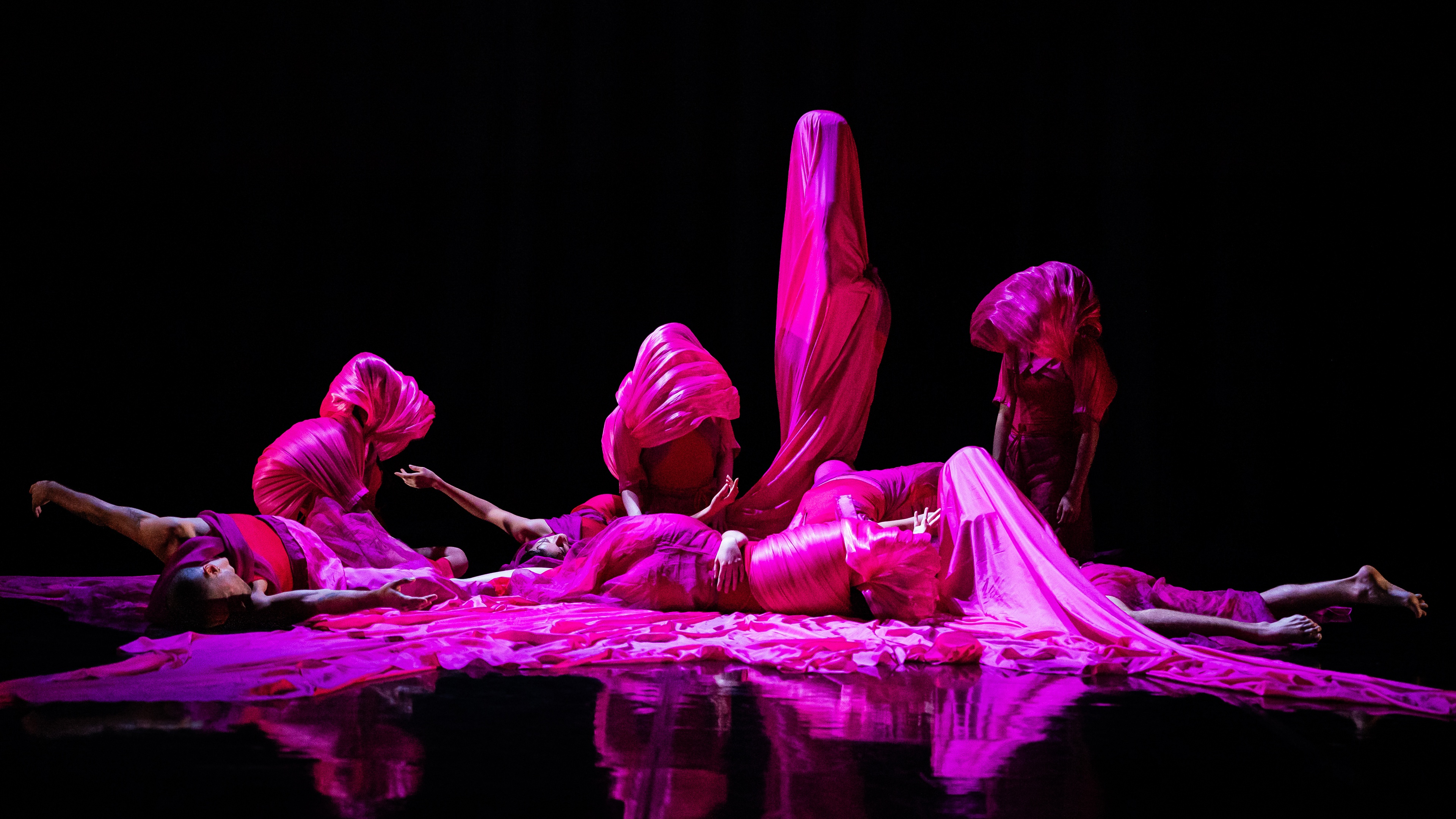 a group of dancers in bright pink costumes huddle together 