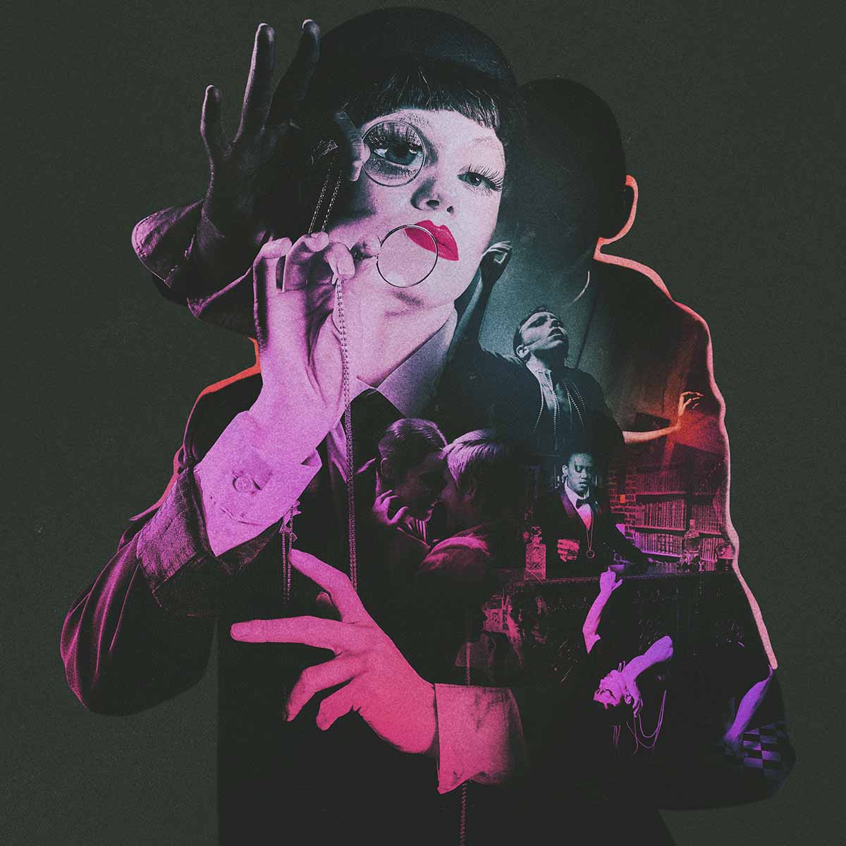 a woman in red lipstick holding a monocle looks into the camera