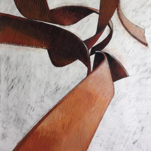 an artists visualisation of the planned artwork as viewed from underneath, 4 ribbon-like shapes in burnt orange copper ripple and curve up to the sky, sketched in pastels